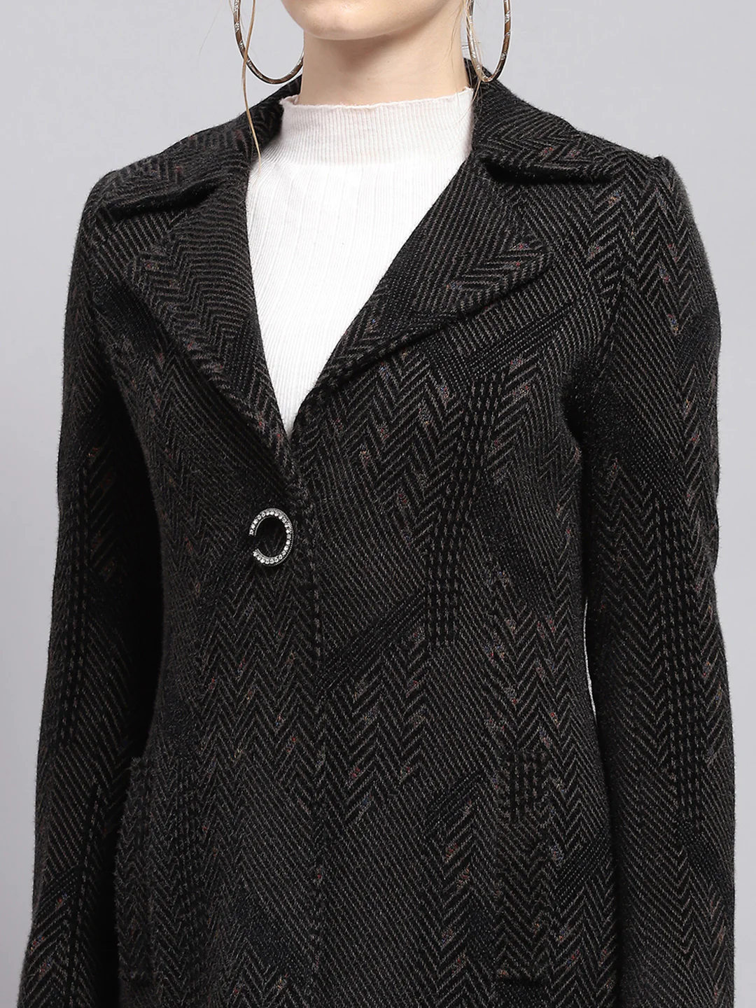 Women Black Self Design Collar Full Sleeve Coat - Image 6