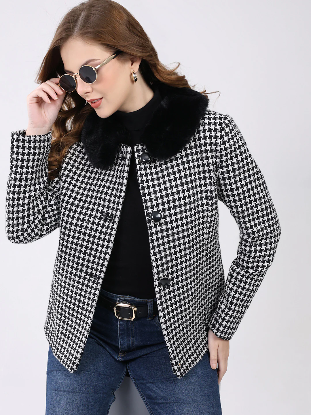 Women Black Self Design Collar Full Sleeve Coat - Image 6