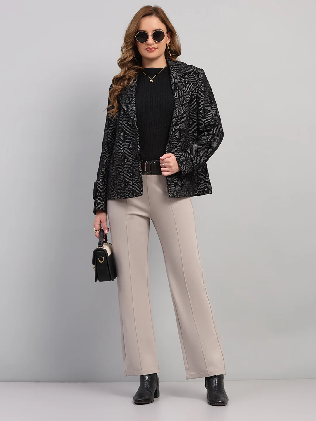 Women Black Self Design Collar Full Sleeve Coat - Image 2