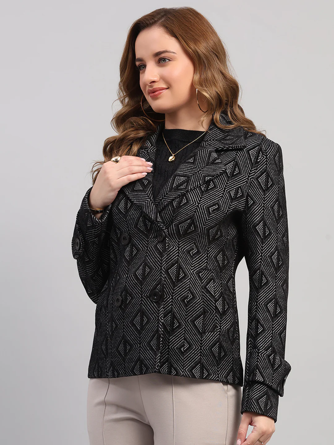 Women Black Self Design Collar Full Sleeve Coat - Image 3