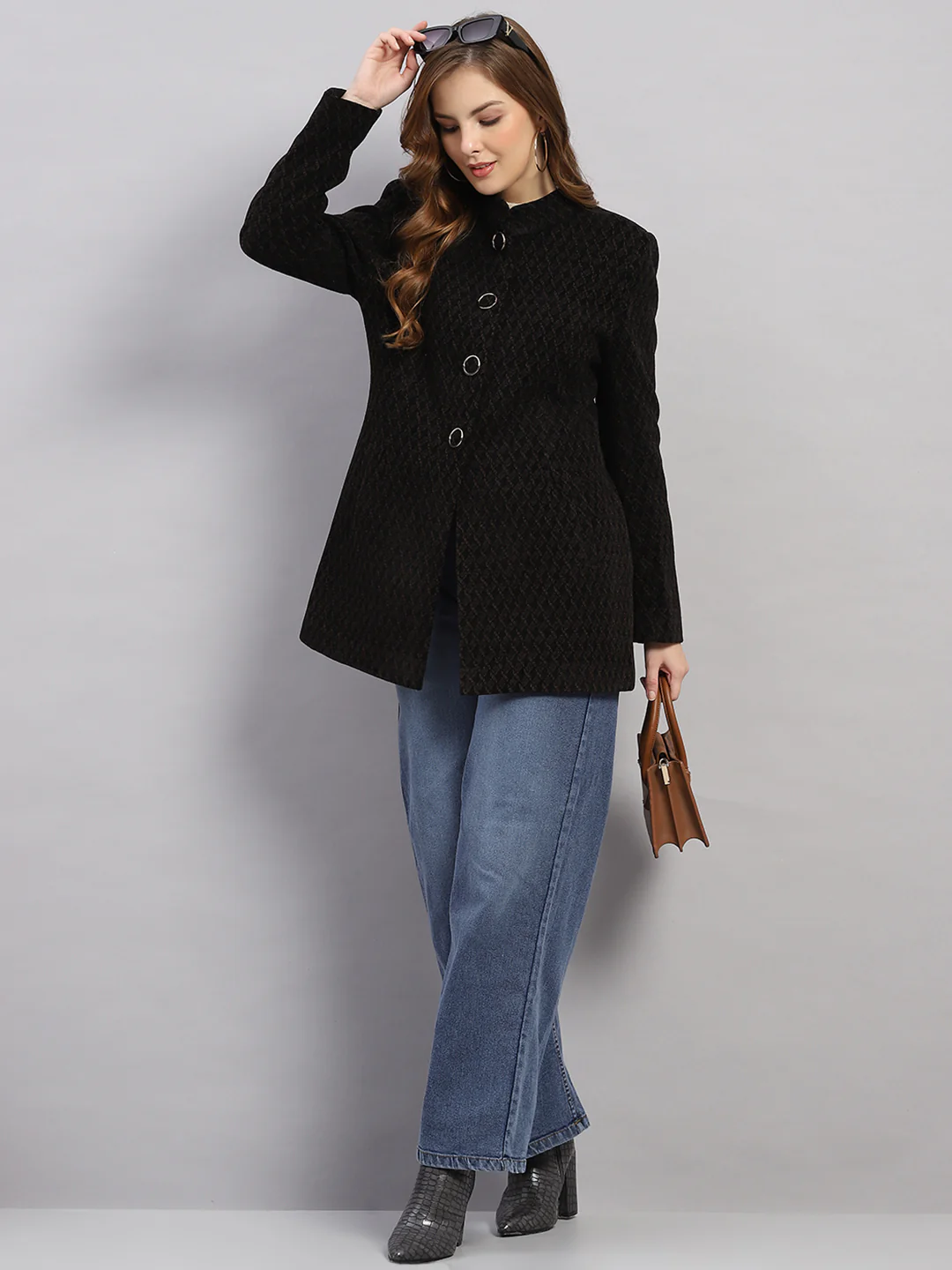 Women Black Self Design Collar Full Sleeve Coat - Image 2
