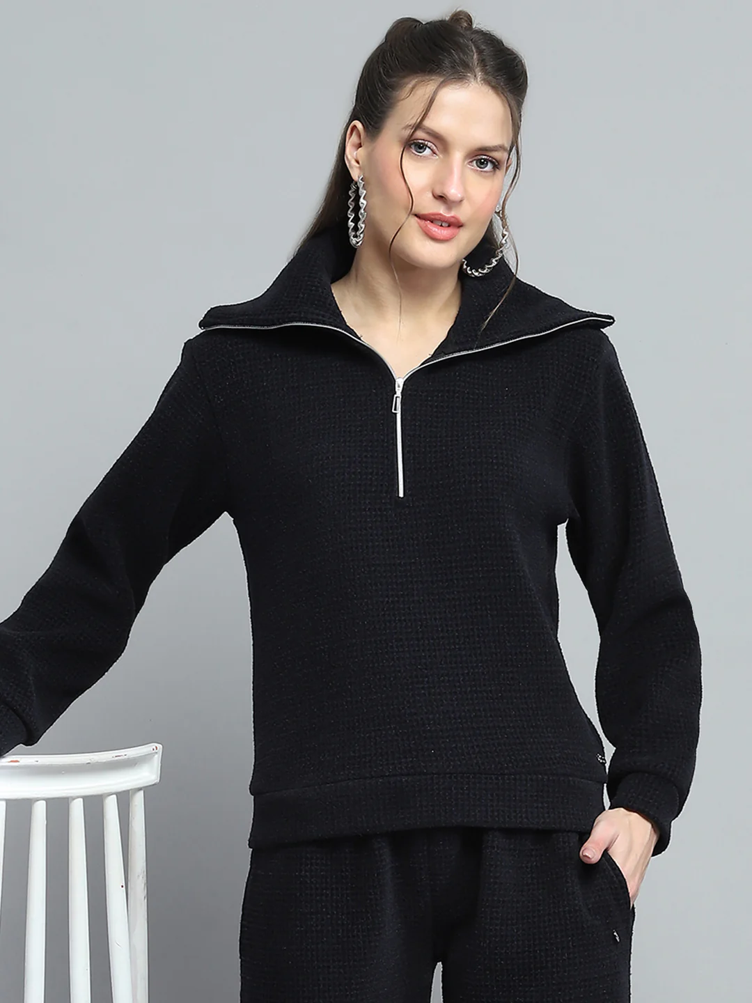 Women Black Self Design Collar Full Sleeve Cords Set - Image 6