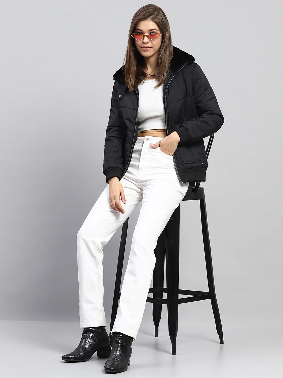 Women Black Self Design Collar Full Sleeve Jacket - Image 2