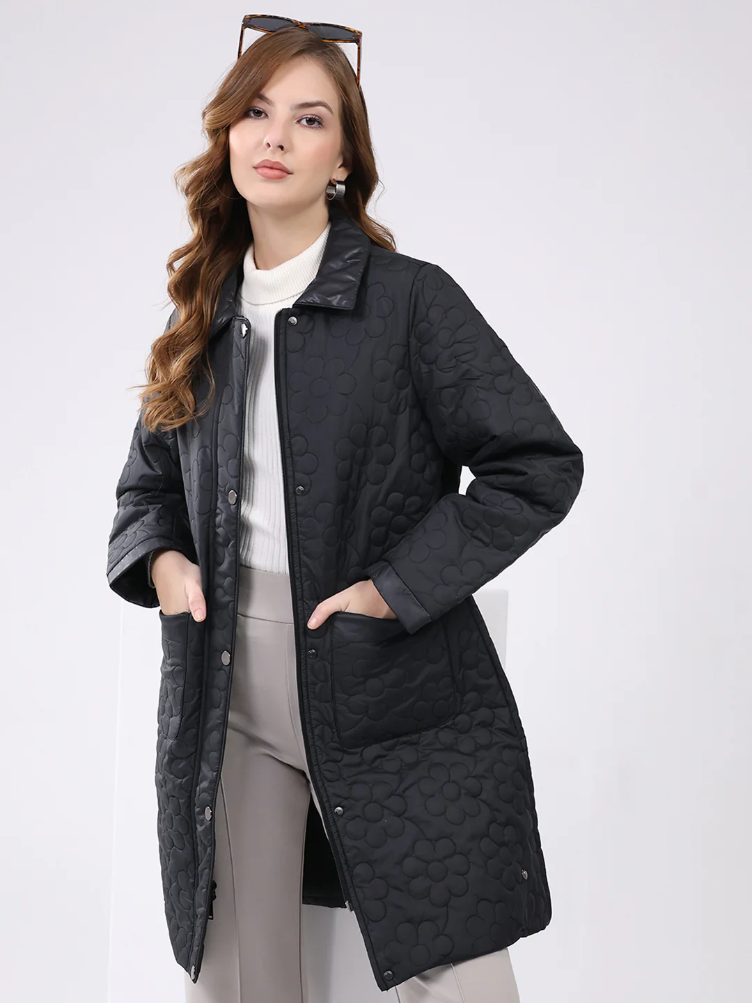 Women Black Self Design Collar Full Sleeve Jacket - Image 6
