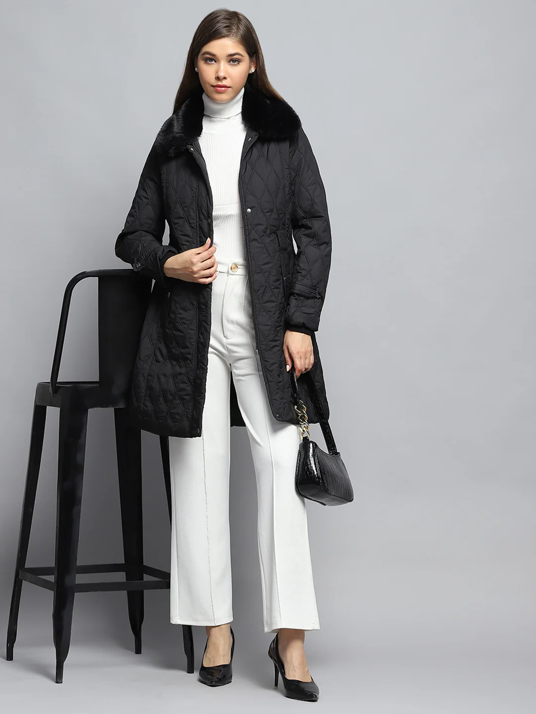 Women Black Self Design Collar Full Sleeve Jacket - Image 2