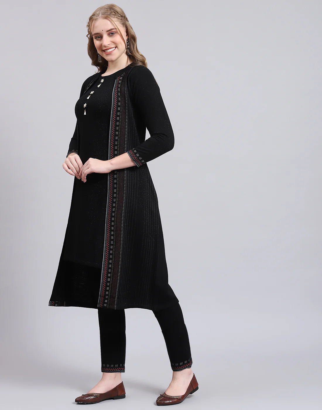 Women Black Self Design Collar Full Sleeve Kurtis Set - Image 3