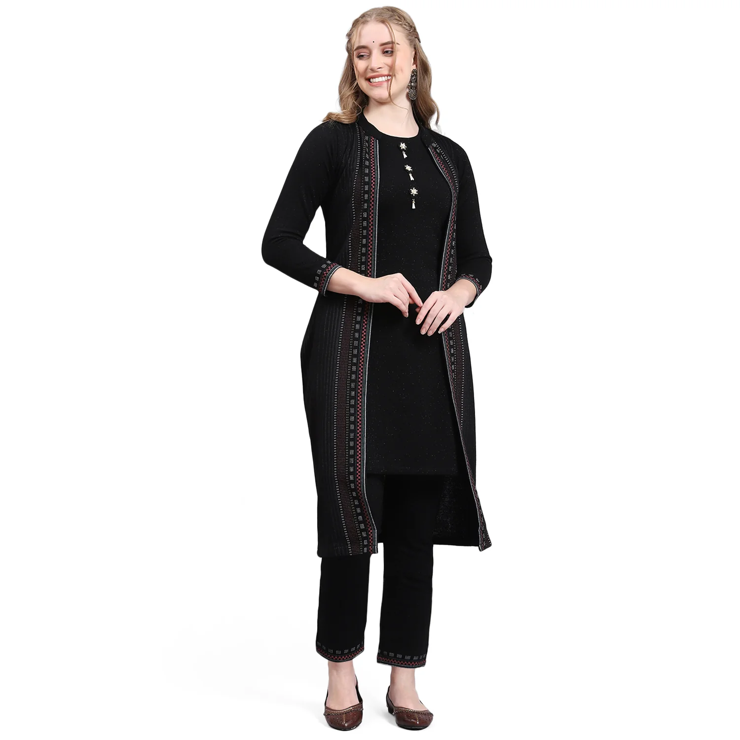 Women Black Self Design Collar Full Sleeve Kurtis Set - Image 5