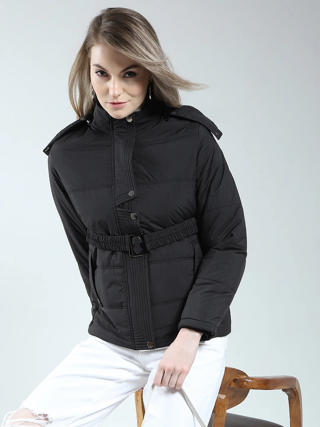 Women Black Self Design Detachable Hood Full Sleeve Jacket - Image 6