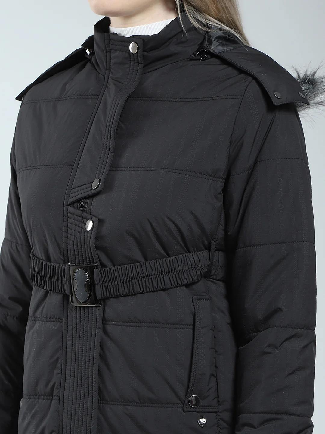 Women Black Self Design Detachable Hood Full Sleeve Jacket - Image 7