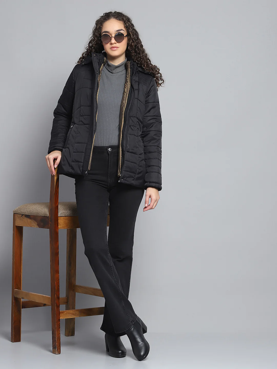 Women Black Self Design Hooded Jacket Set (1 Full & 1 Half Sleeve Reversible) - Image 2