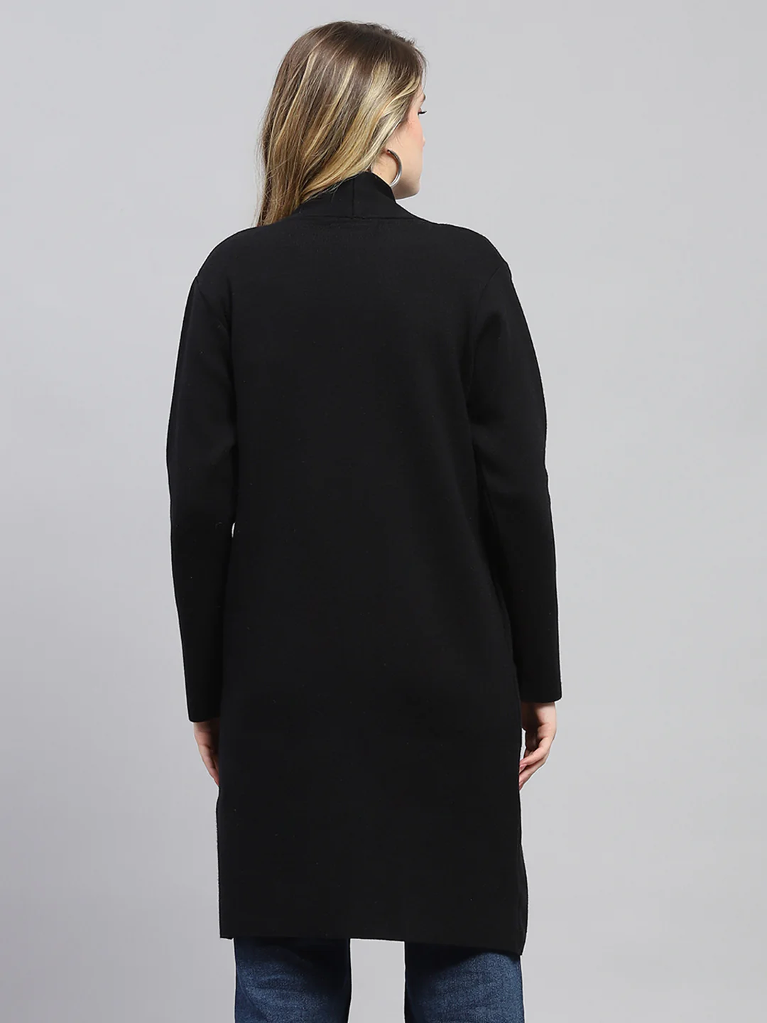 Women Black Self Design Front Open Full Sleeve Cardigan - Image 5