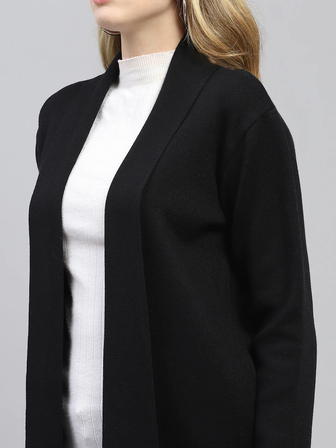 Women Black Self Design Front Open Full Sleeve Cardigan - Image 6