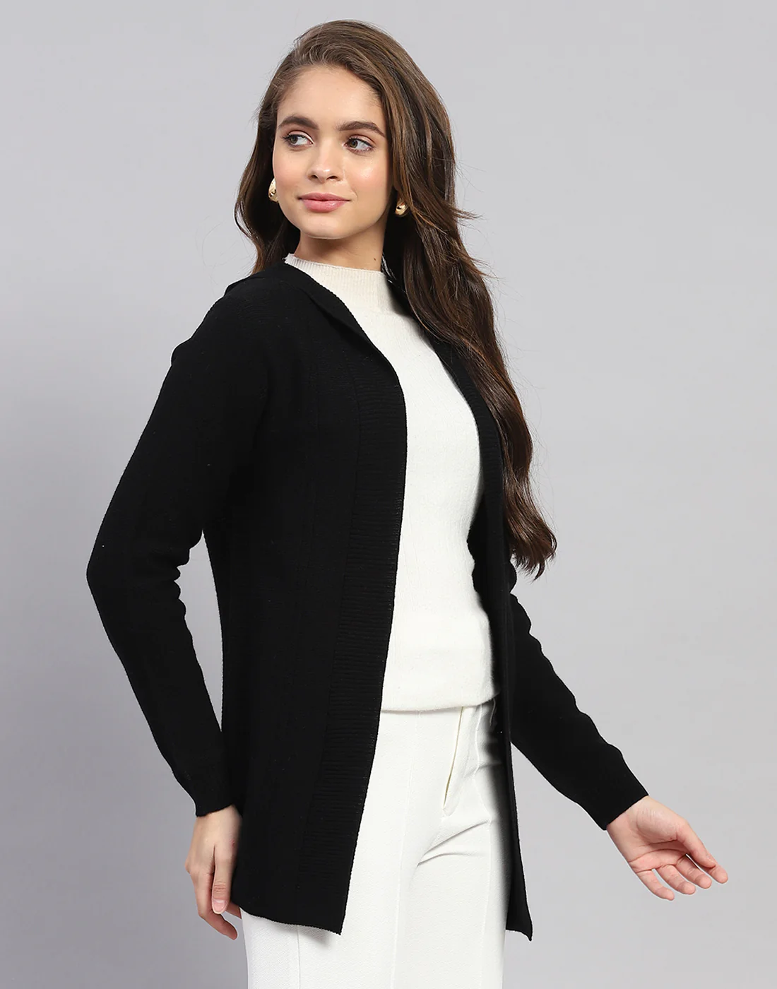 Women Black Self Design Front Open Full Sleeve Cardigan - Image 4