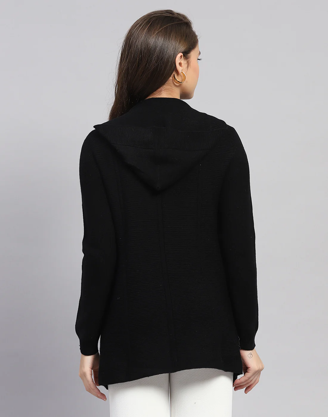 Women Black Self Design Front Open Full Sleeve Cardigan - Image 5