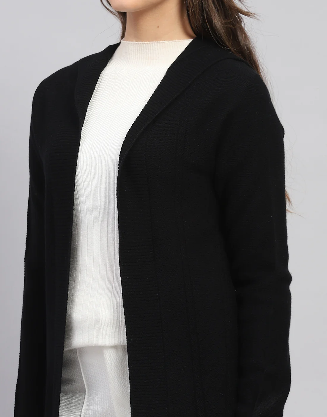 Women Black Self Design Front Open Full Sleeve Cardigan - Image 7