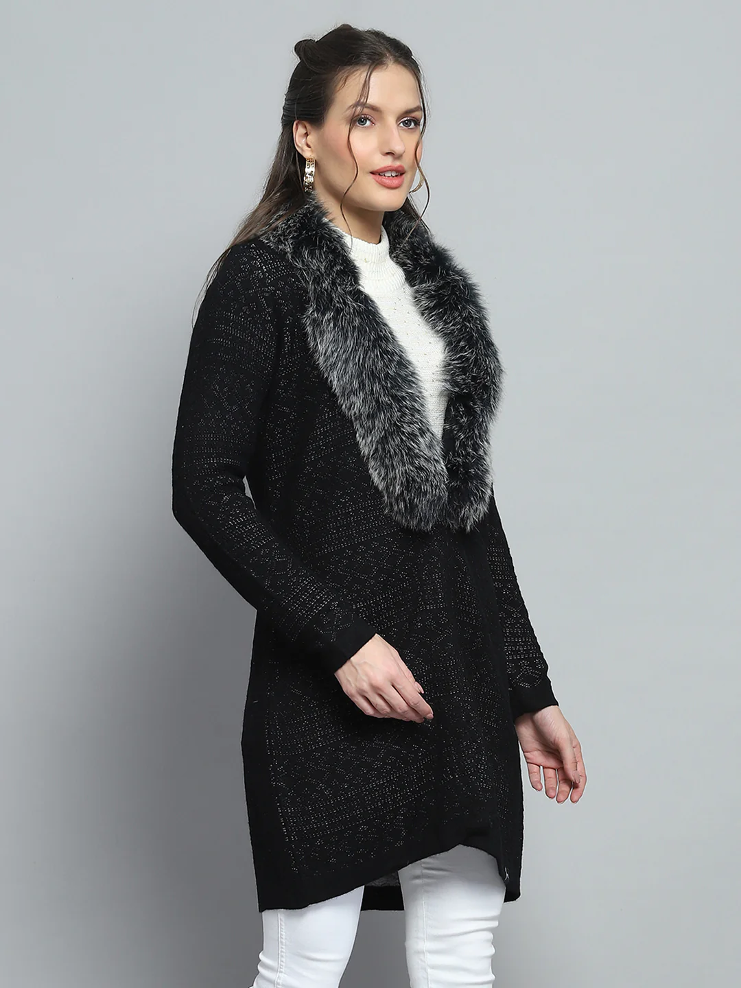 Women Black Self Design Front Open Full Sleeve Cardigan - Image 4