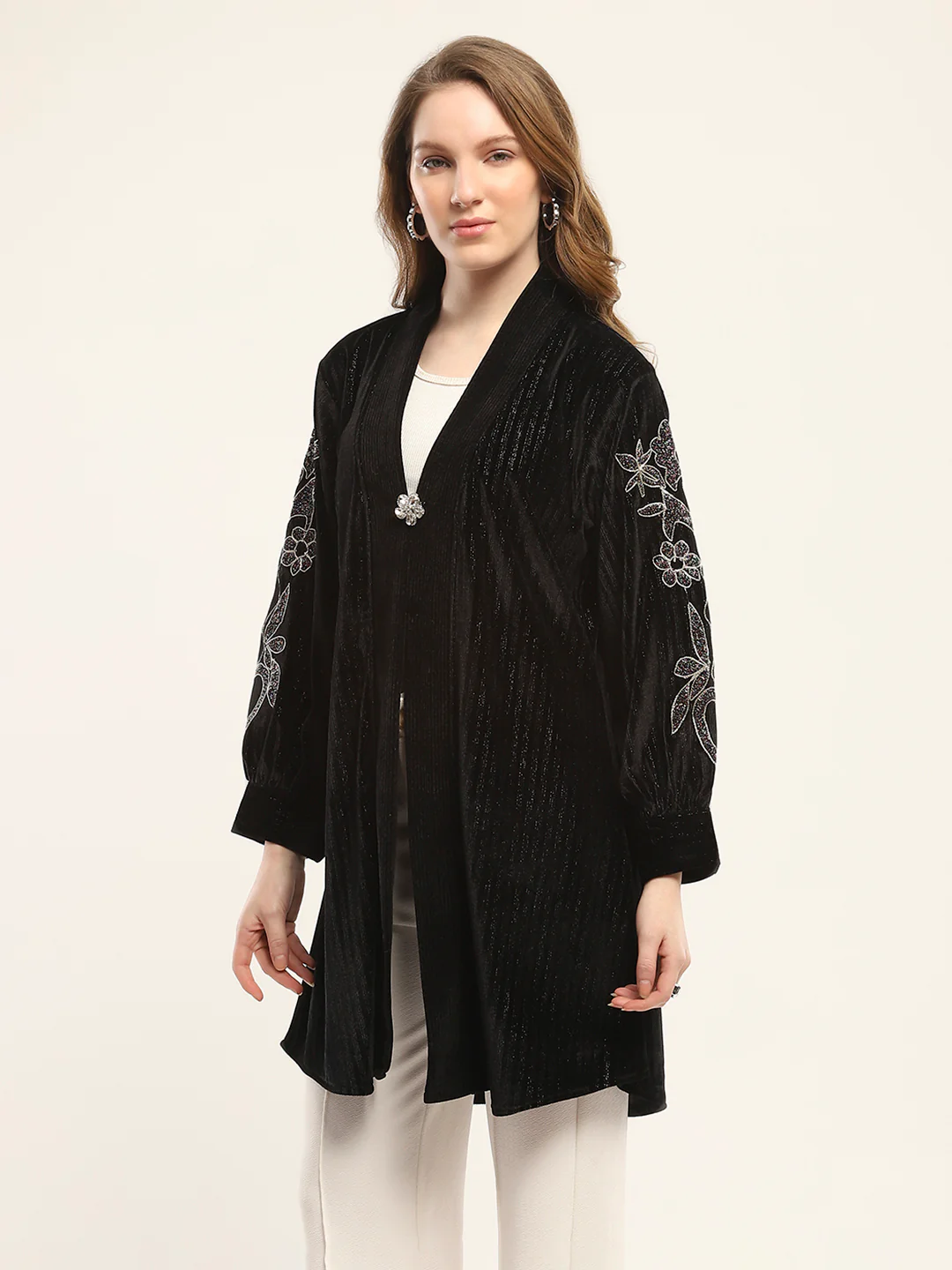 Women Black Self Design Front Open Full Sleeve Shrug - Image 3