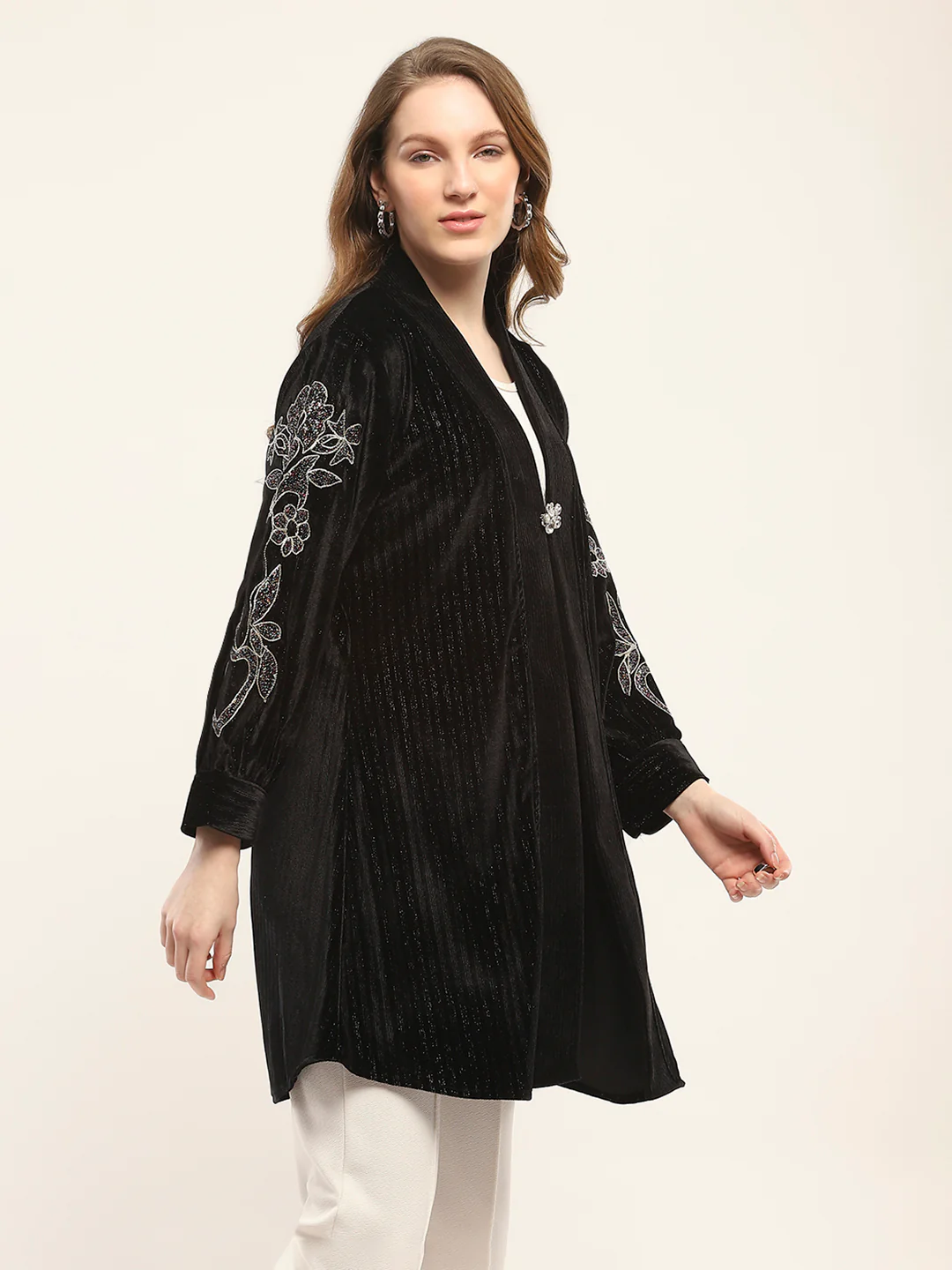 Women Black Self Design Front Open Full Sleeve Shrug - Image 4