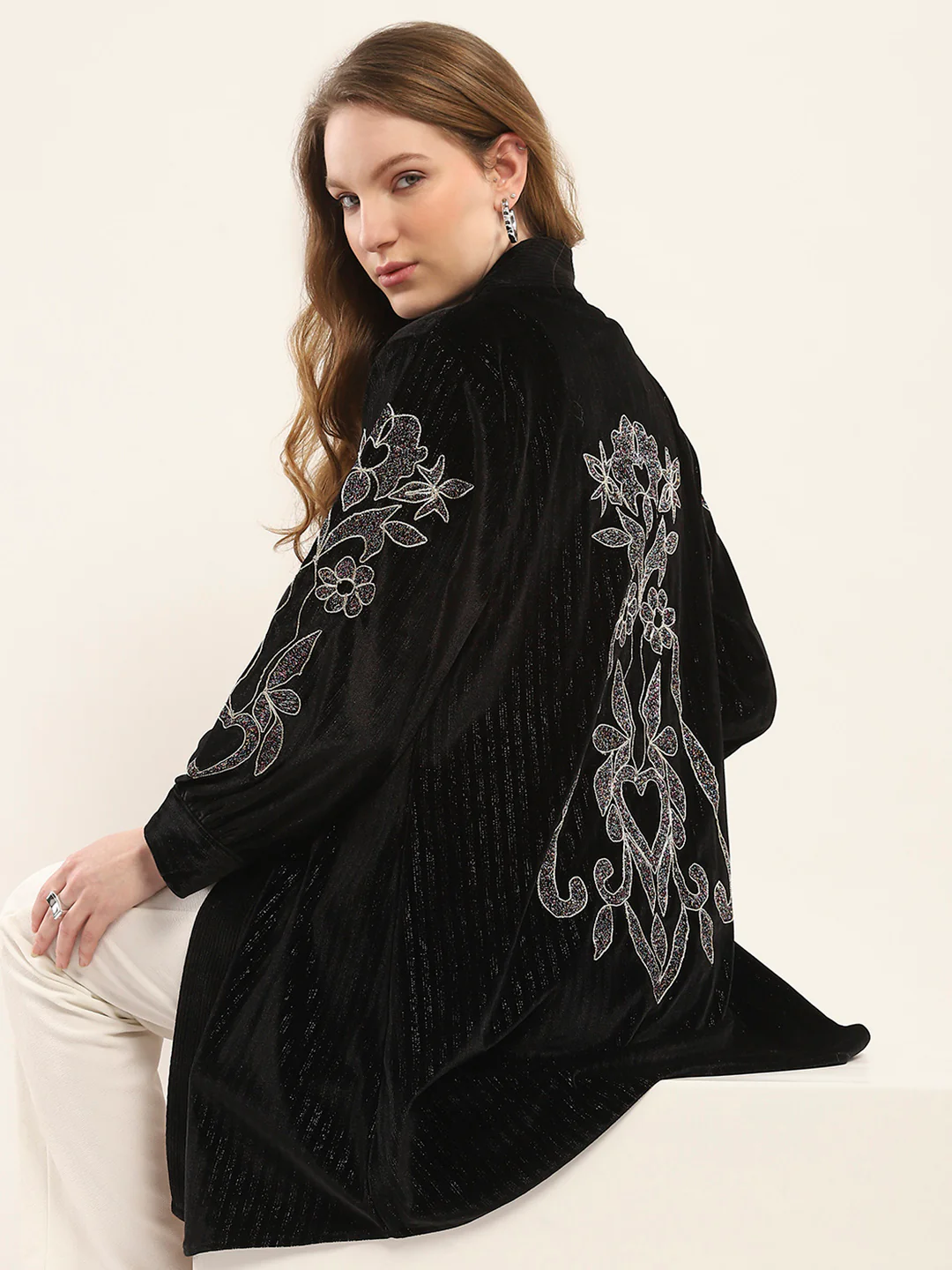 Women Black Self Design Front Open Full Sleeve Shrug - Image 6