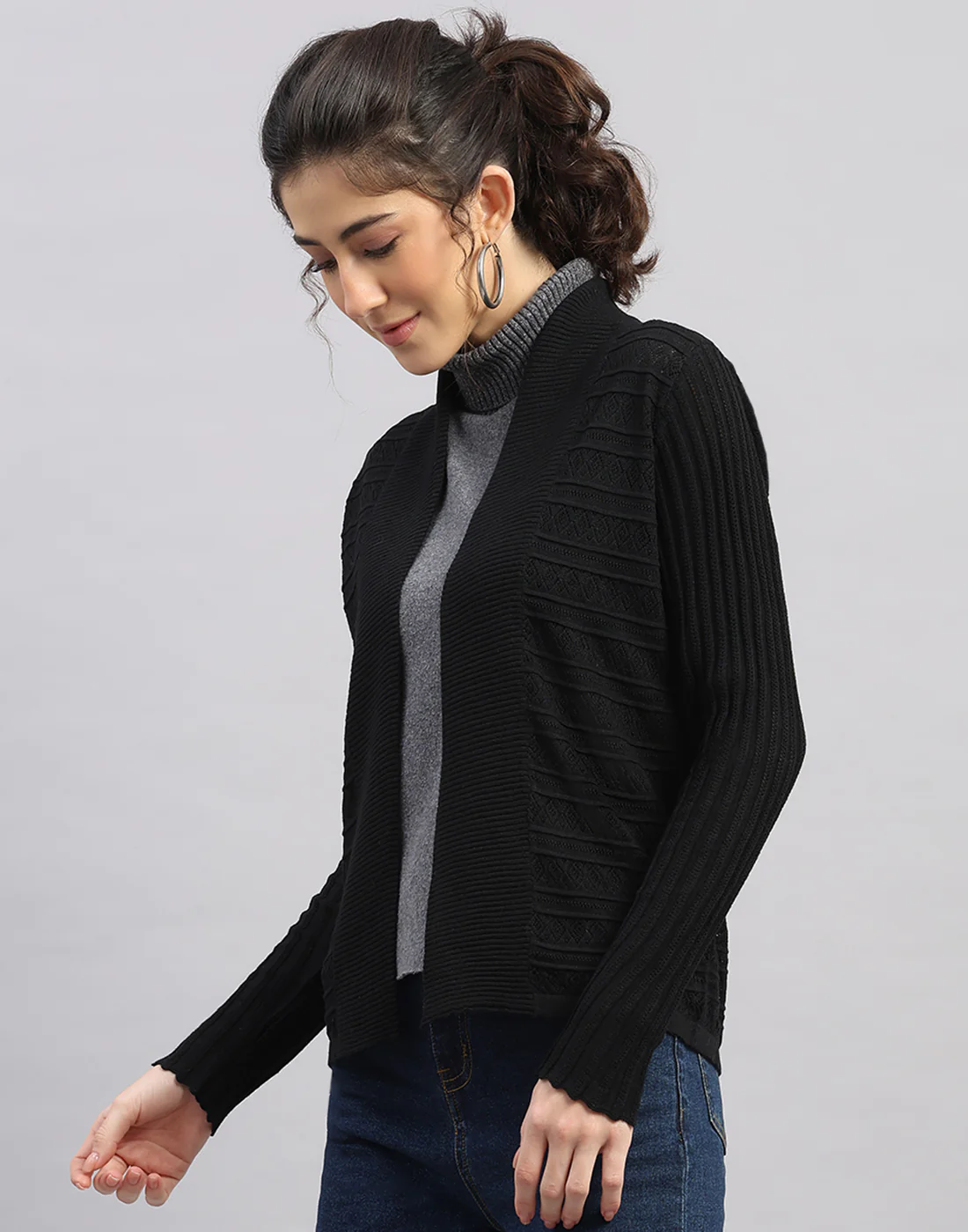 Women Black Self Design Front Open Full Sleeve Winter Top - Image 2