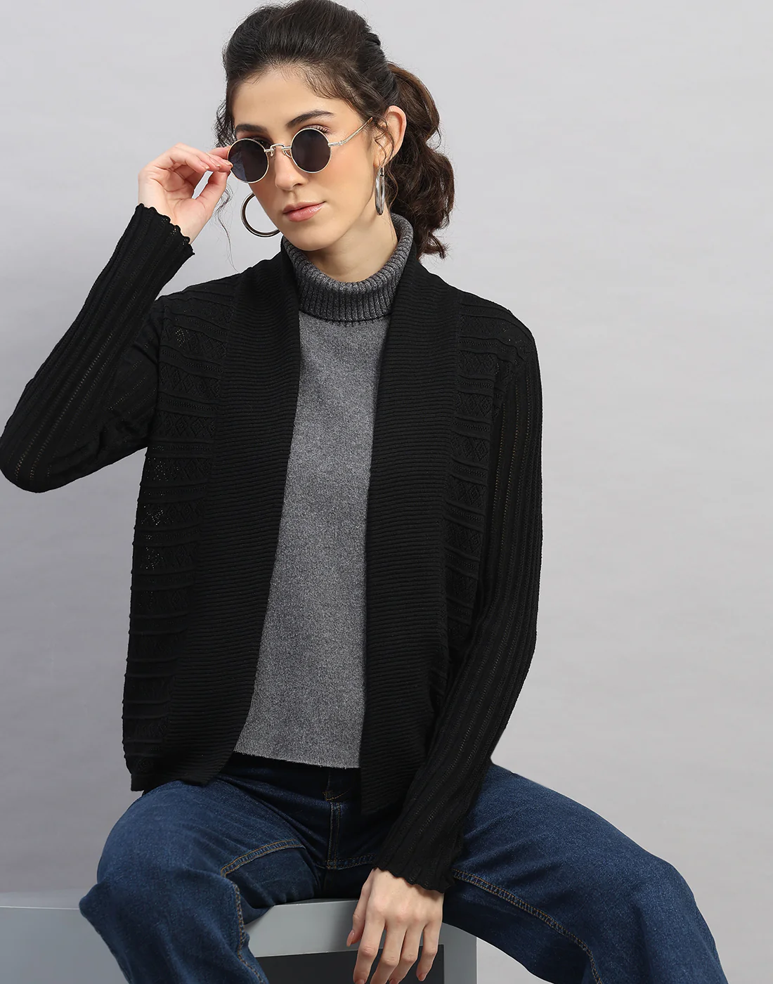 Women Black Self Design Front Open Full Sleeve Winter Top - Image 6