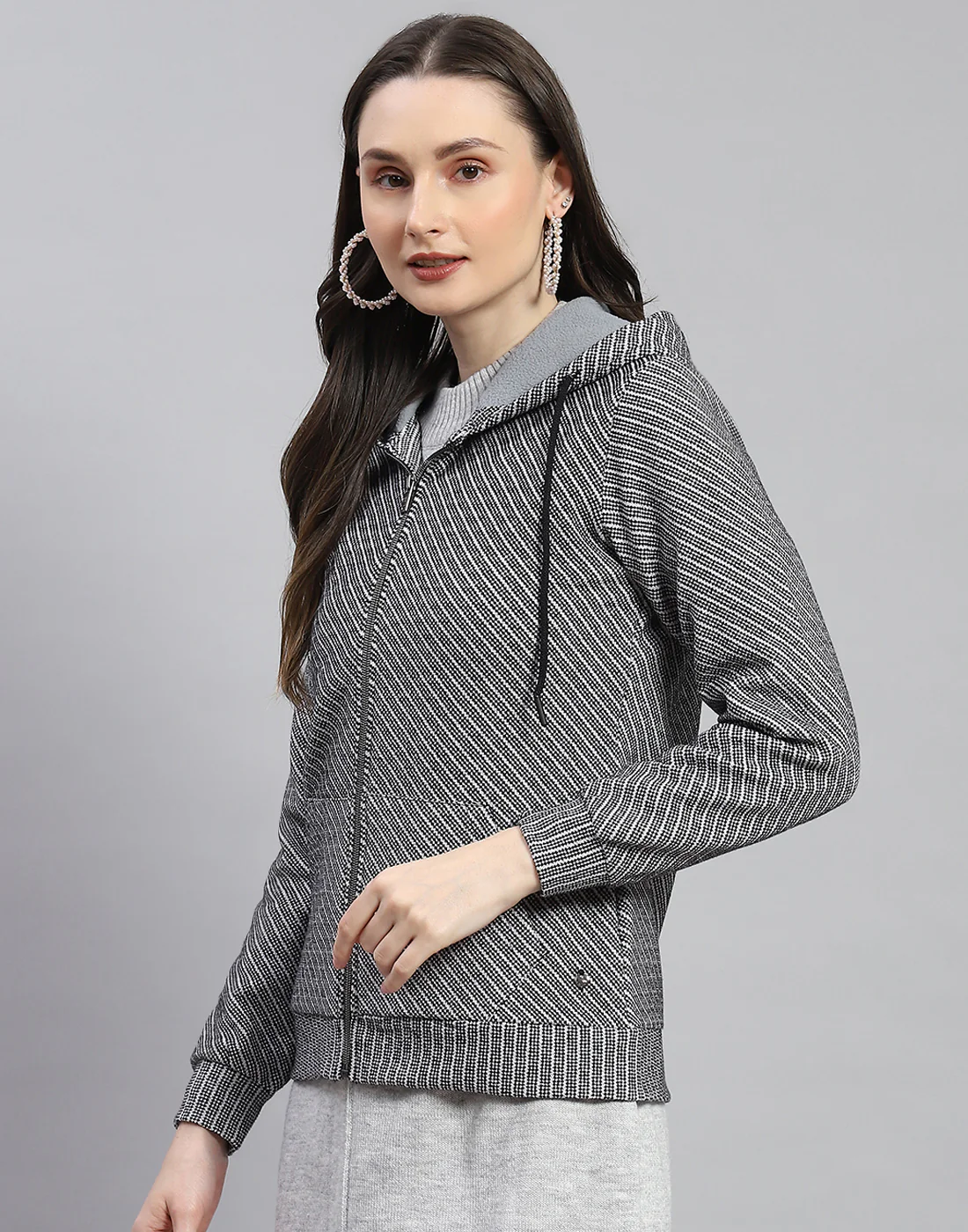 Women Black Self Design Hooded Full Sleeve Sweatshirt - Image 3