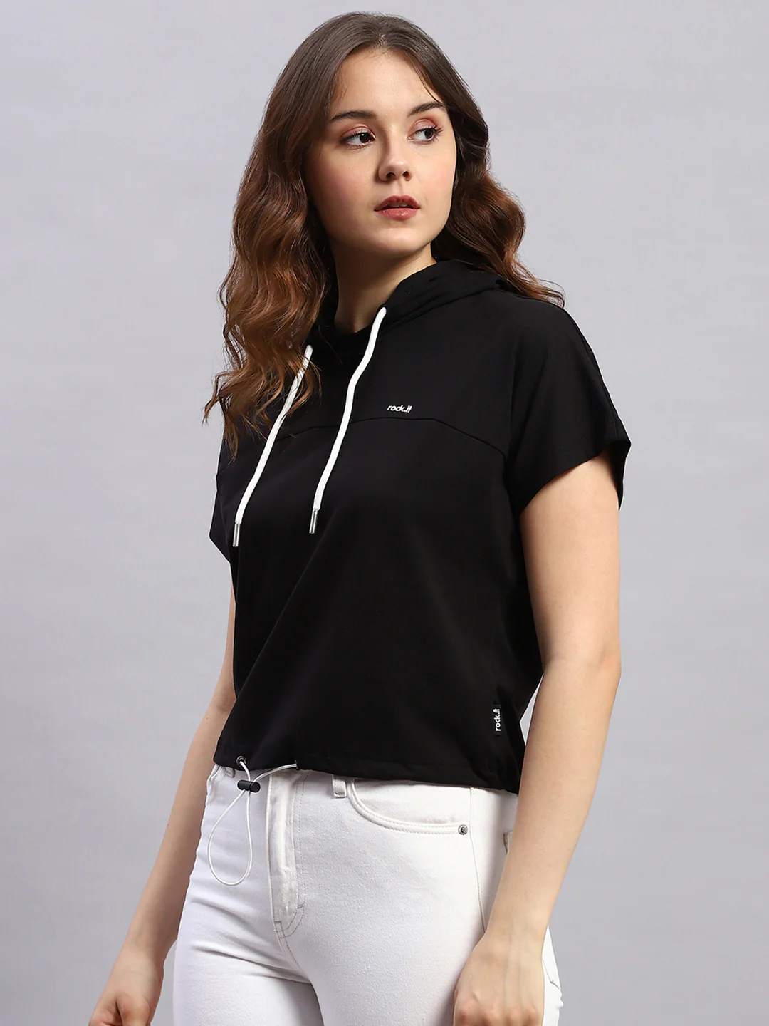 Rock.it Women Black Self Design Hooded Half Sleeve Top - Image 3