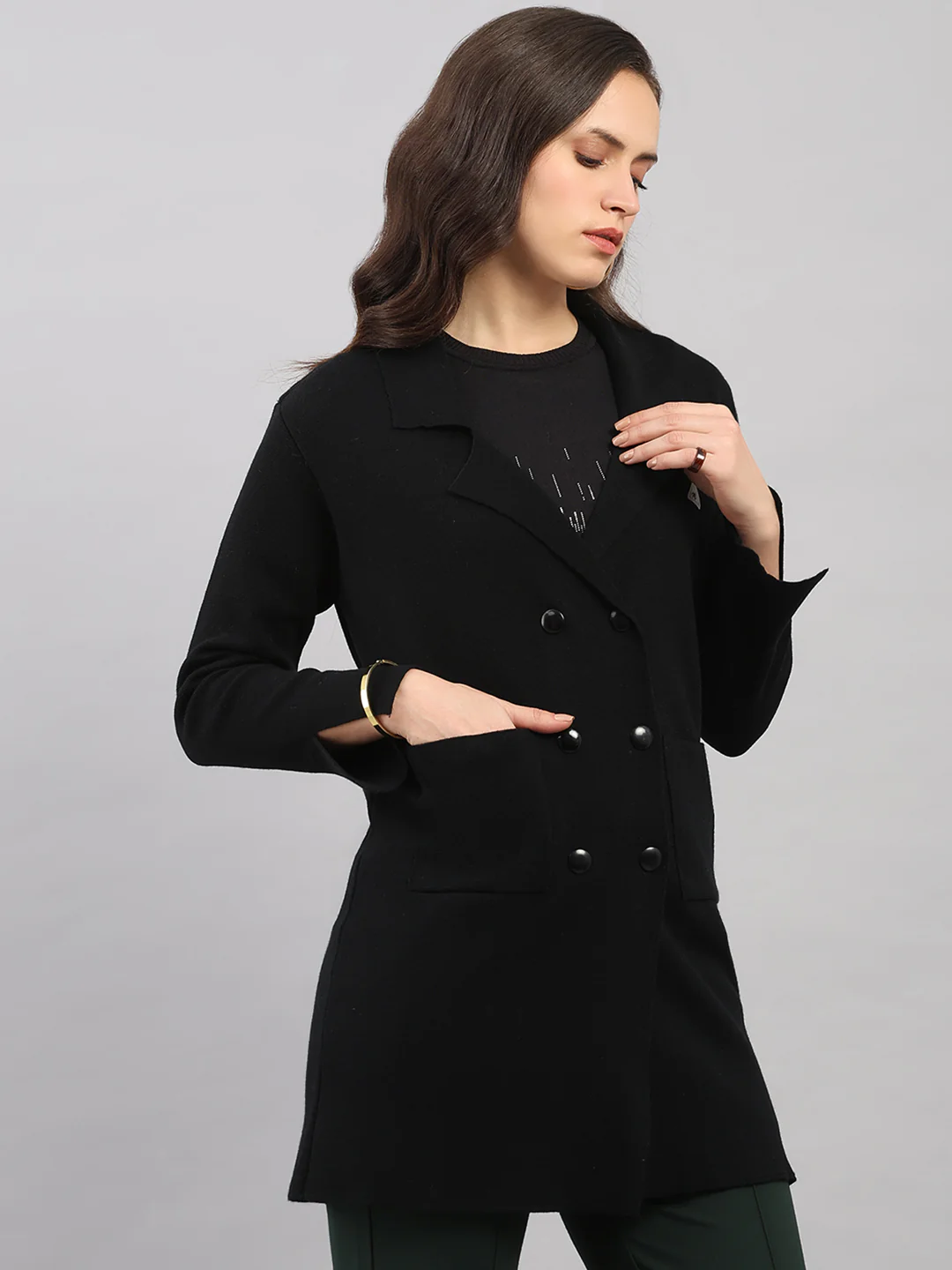 Women Black Self Design Lapel Collar Full Sleeve Knitted Coat - Image 4
