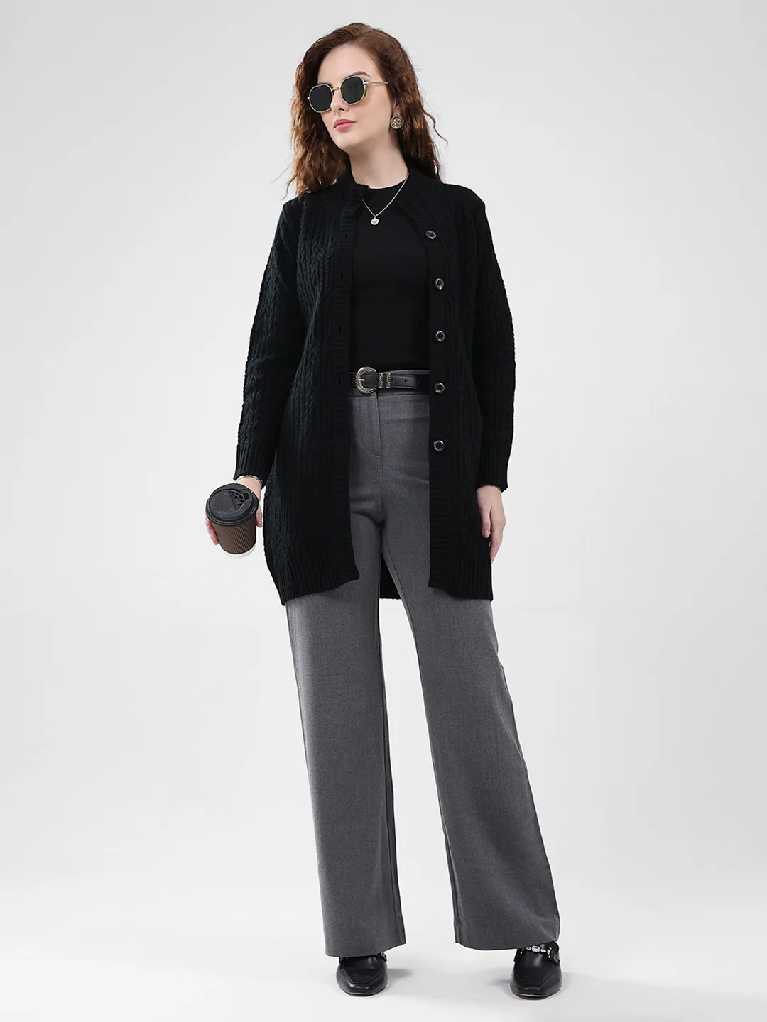 Women Black Self Design Mock Neck Full Sleeve Cardigan - Image 2