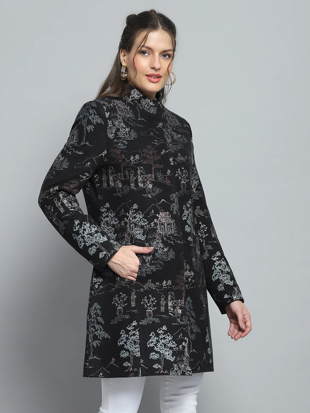 Women Black Self Design Mock Neck Full Sleeve Coat - Image 4