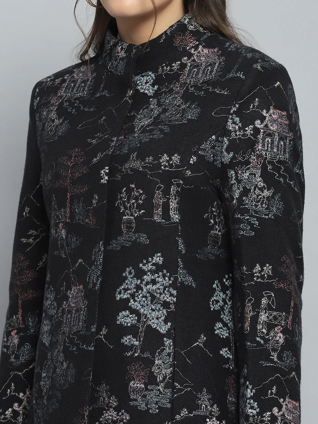 Women Black Self Design Mock Neck Full Sleeve Coat - Image 6