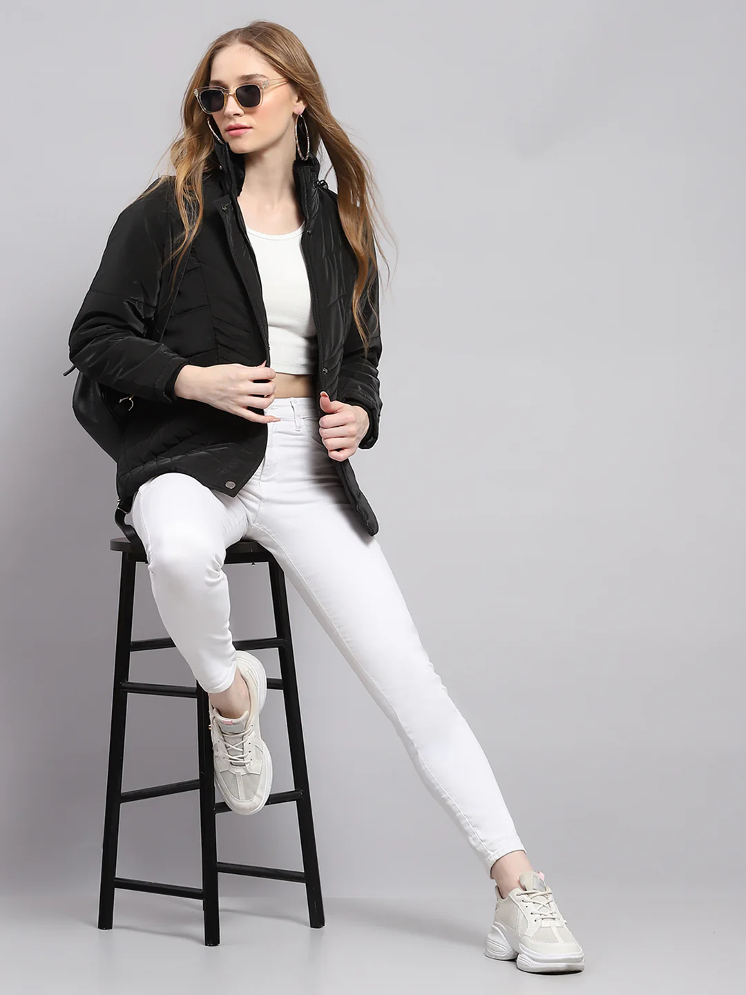 Women Black Self Design Mock Neck Full Sleeve Jacket - Image 2