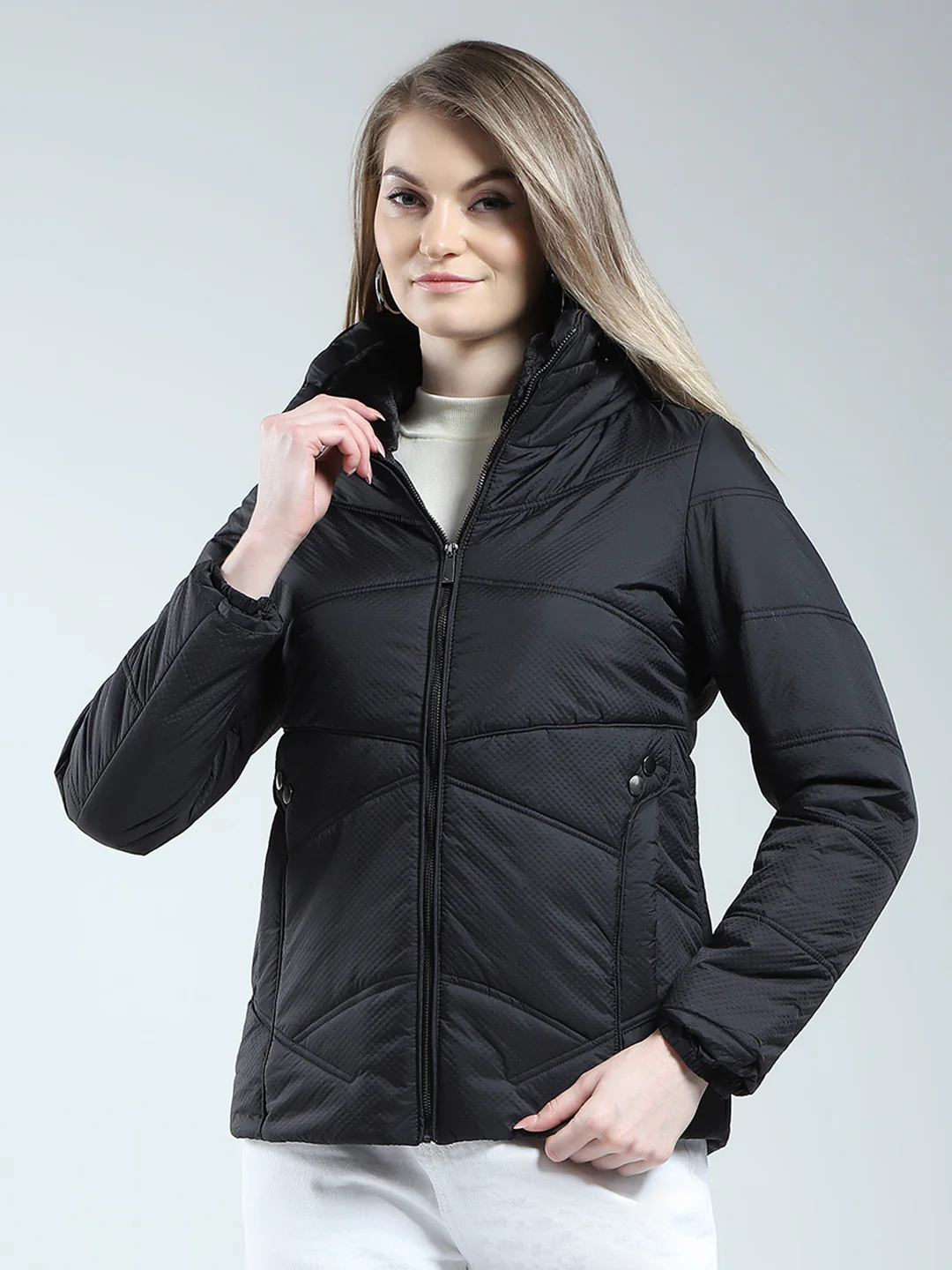 Women Black Self Design Mock Neck Full Sleeve Jacket