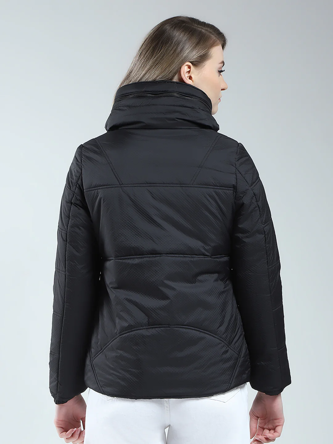 Women Black Self Design Mock Neck Full Sleeve Jacket - Image 5