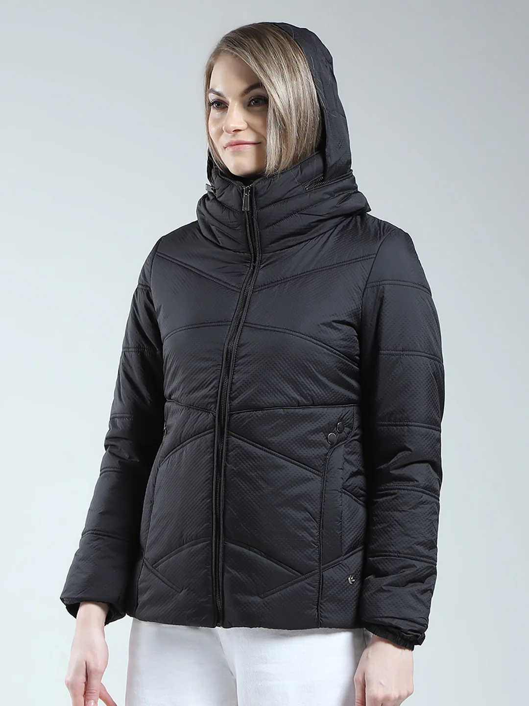 Women Black Self Design Mock Neck Full Sleeve Jacket - Image 6