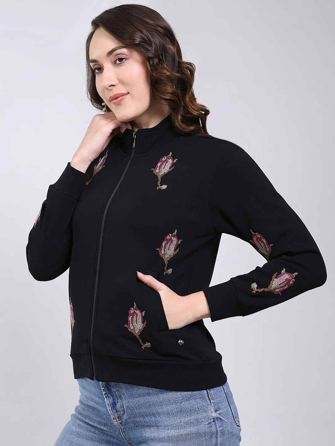 Women Black Self Design Mock Neck Full Sleeve Sweatshirt - Image 3
