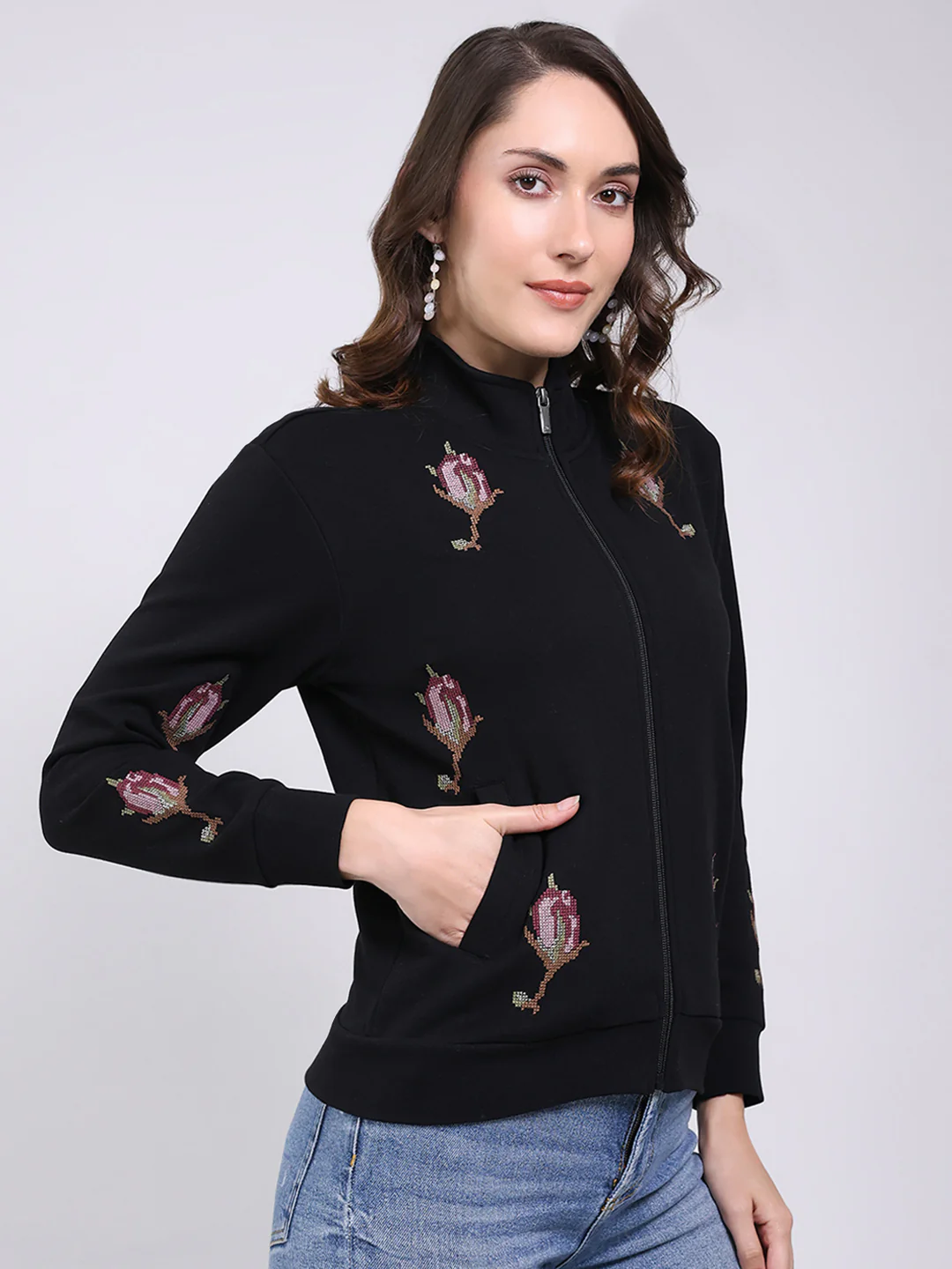 Women Black Self Design Mock Neck Full Sleeve Sweatshirt - Image 4