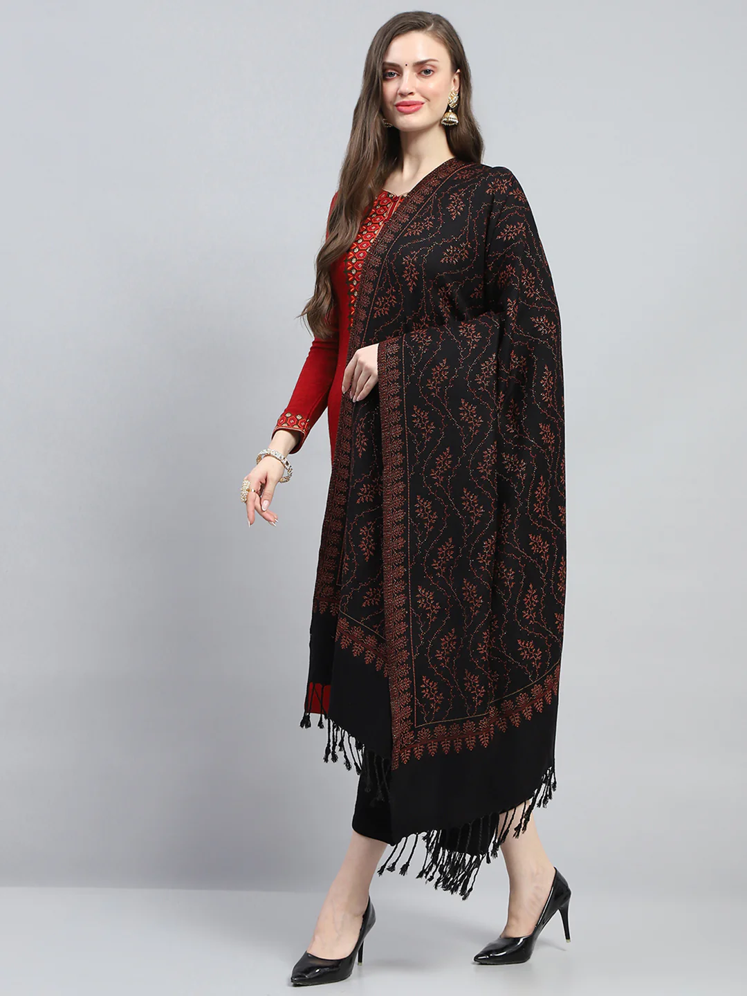 Women Black Self Design Reversible Shawl - Image 3