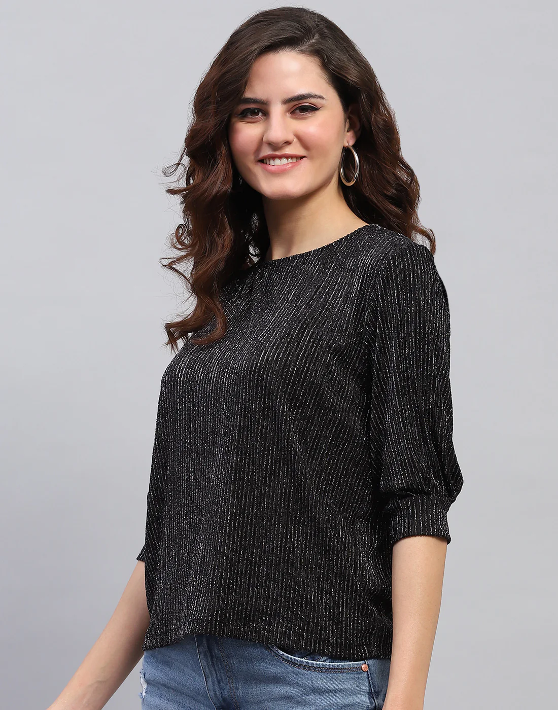 Women Black Self Design Round Neck 3/4 Sleeve Top - Image 3