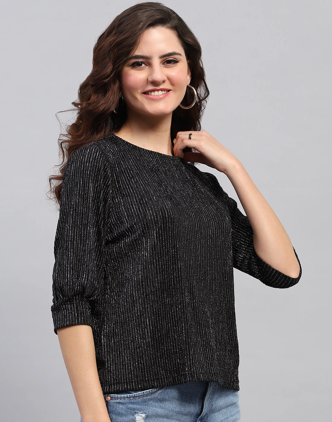 Women Black Self Design Round Neck 3/4 Sleeve Top - Image 4