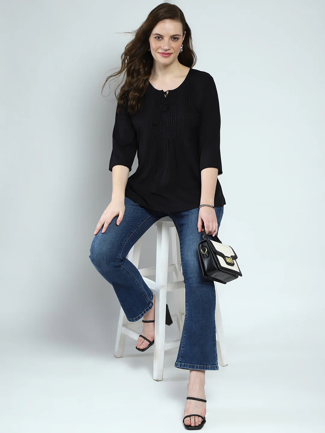 Women Black Self Design Round Neck 3/4th Sleeve Top - Image 2