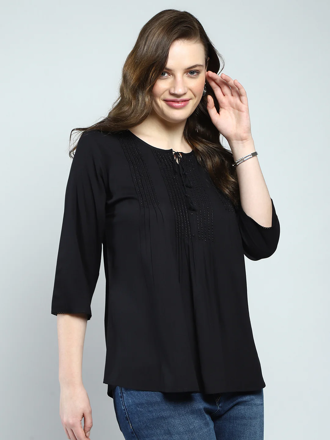 Women Black Self Design Round Neck 3/4th Sleeve Top - Image 4