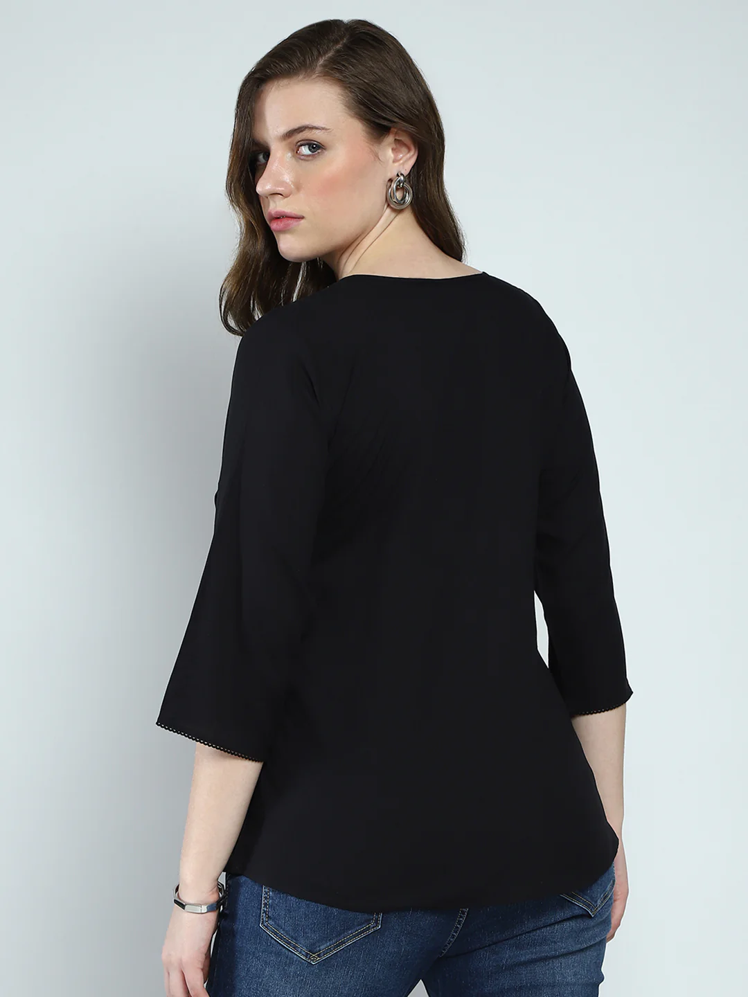 Women Black Self Design Round Neck 3/4th Sleeve Top - Image 5