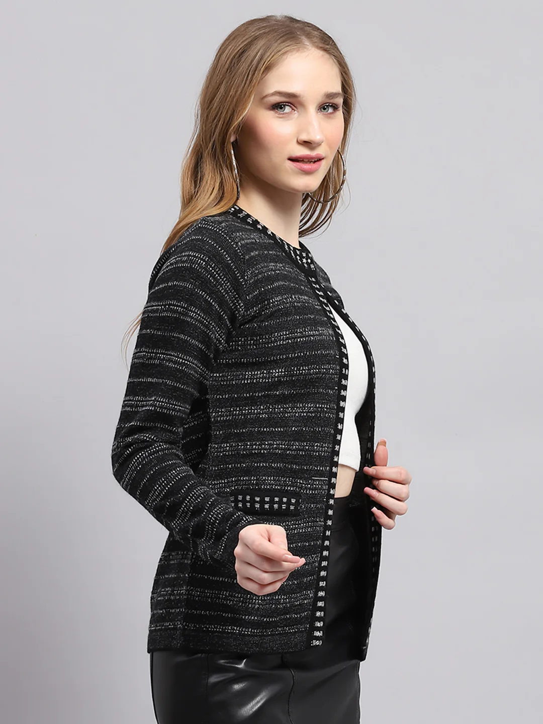 Women Black Self Design Round Neck Full Sleeve Cardigan - Image 4