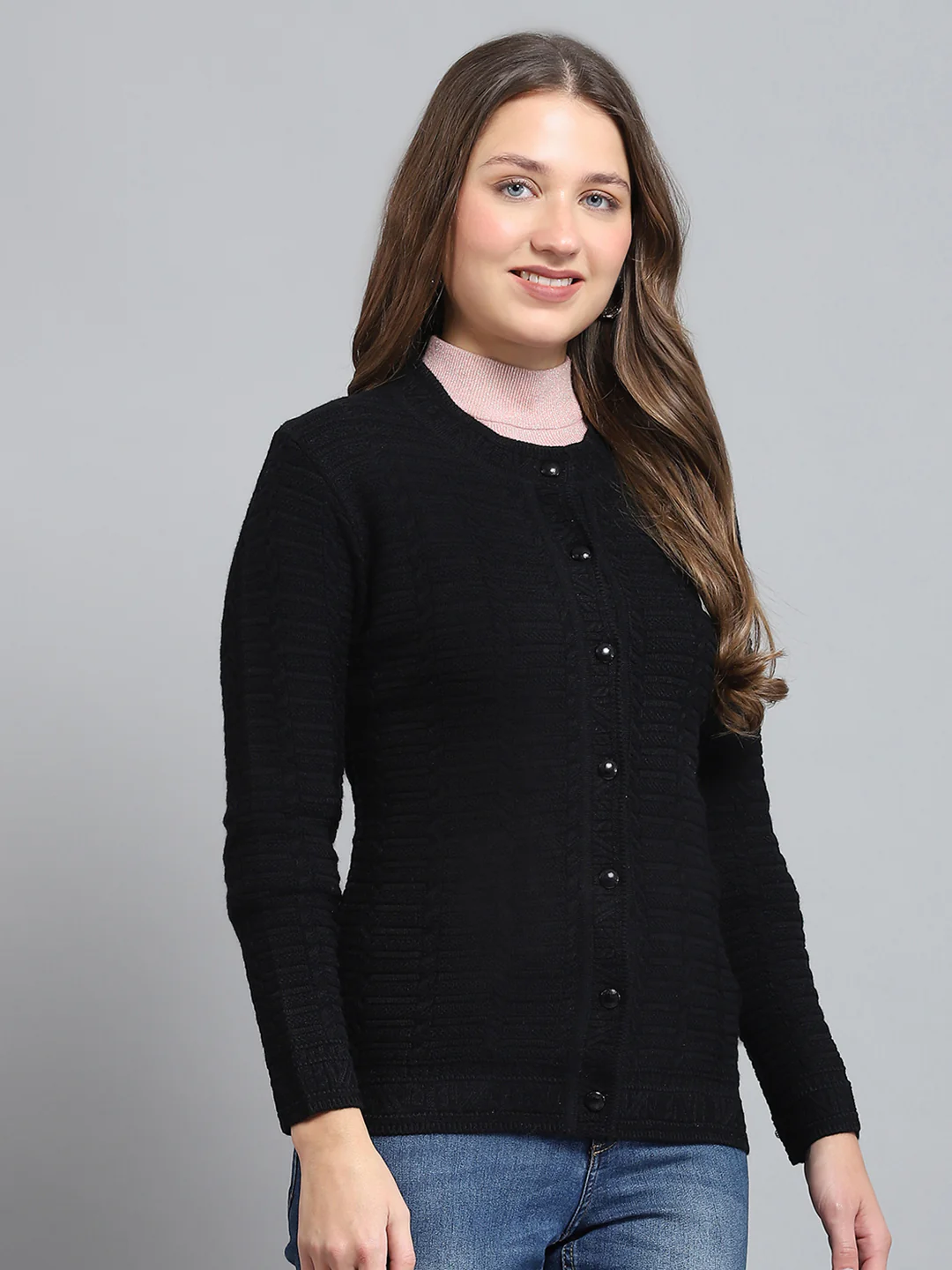 Women Black Self Design Round Neck Full Sleeve Cardigan - Image 4