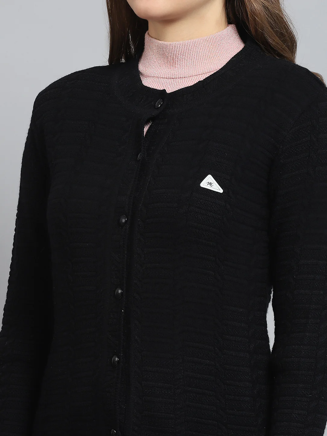 Women Black Self Design Round Neck Full Sleeve Cardigan - Image 7
