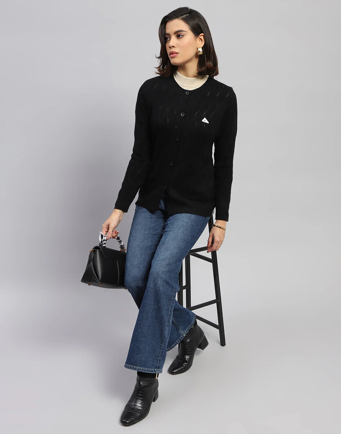 Women Black Self Design Round Neck Full Sleeve Cardigan - Image 2