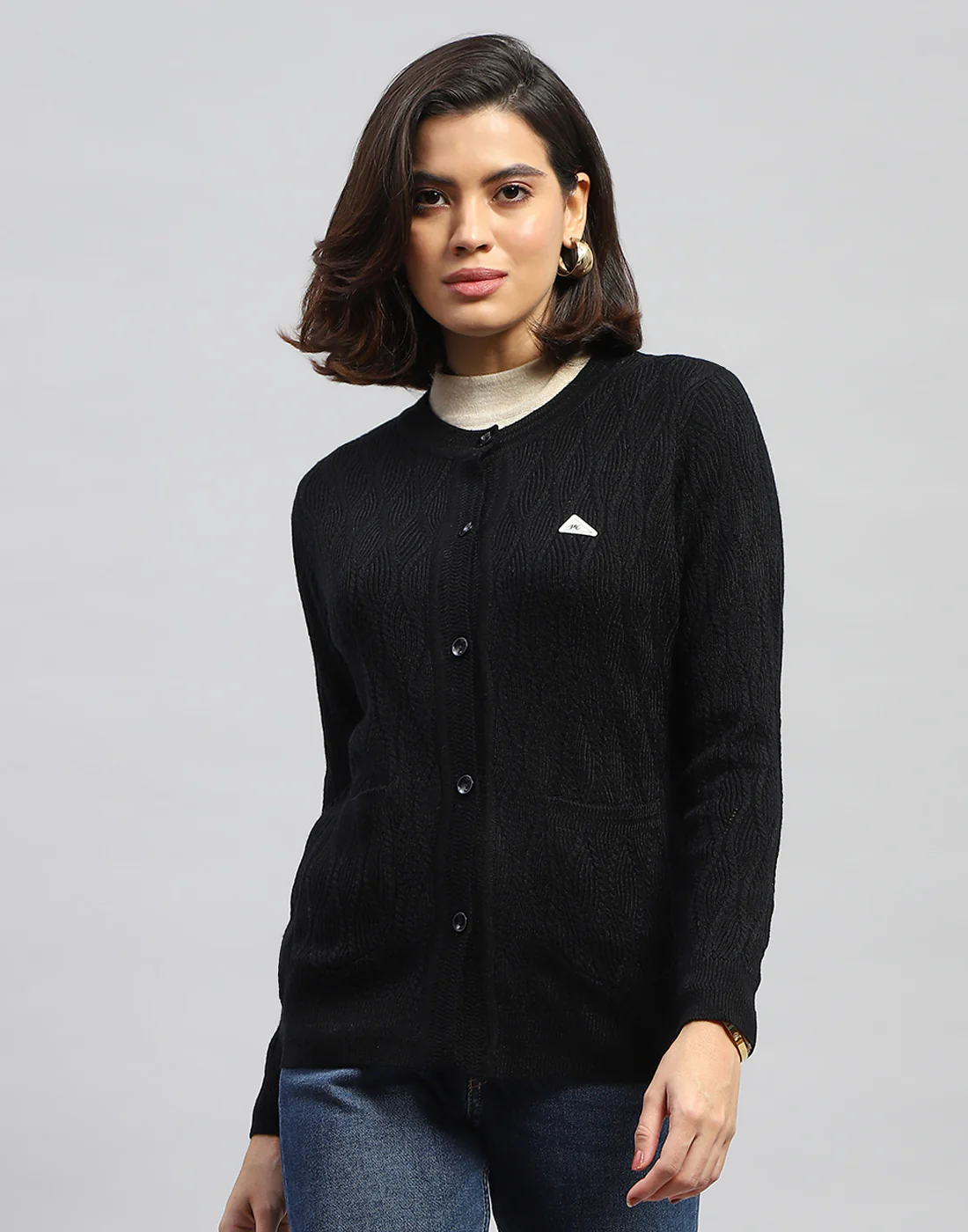 Women Black Self Design Round Neck Full Sleeve Cardigan - Image 3