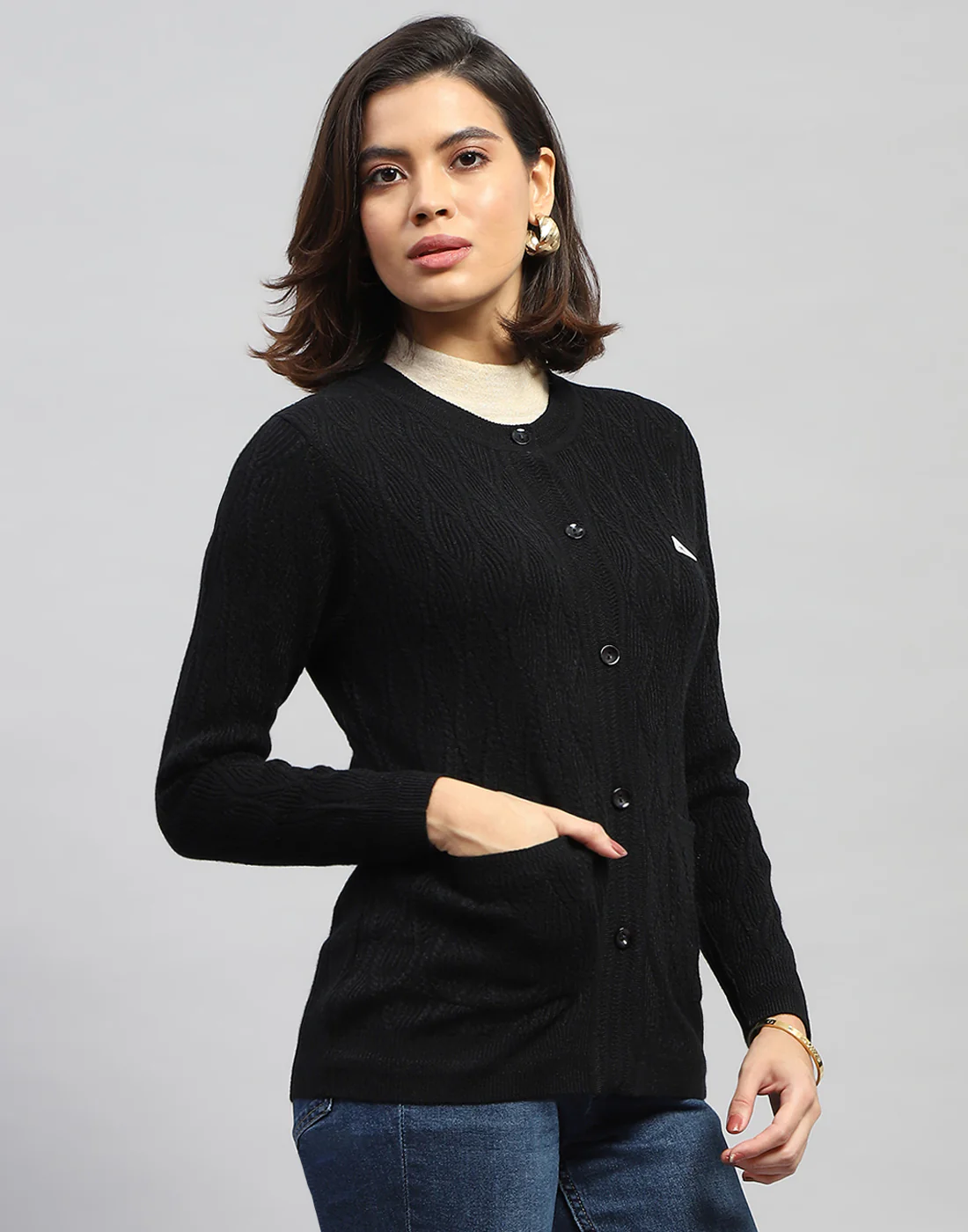 Women Black Self Design Round Neck Full Sleeve Cardigan - Image 5