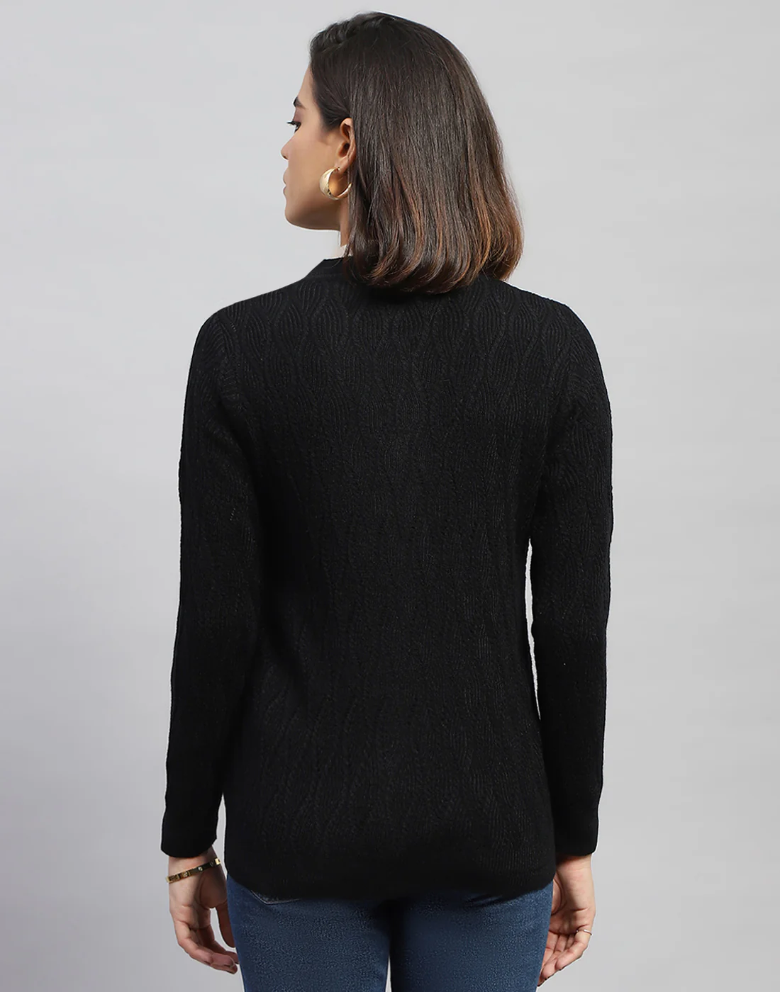Women Black Self Design Round Neck Full Sleeve Cardigan - Image 6